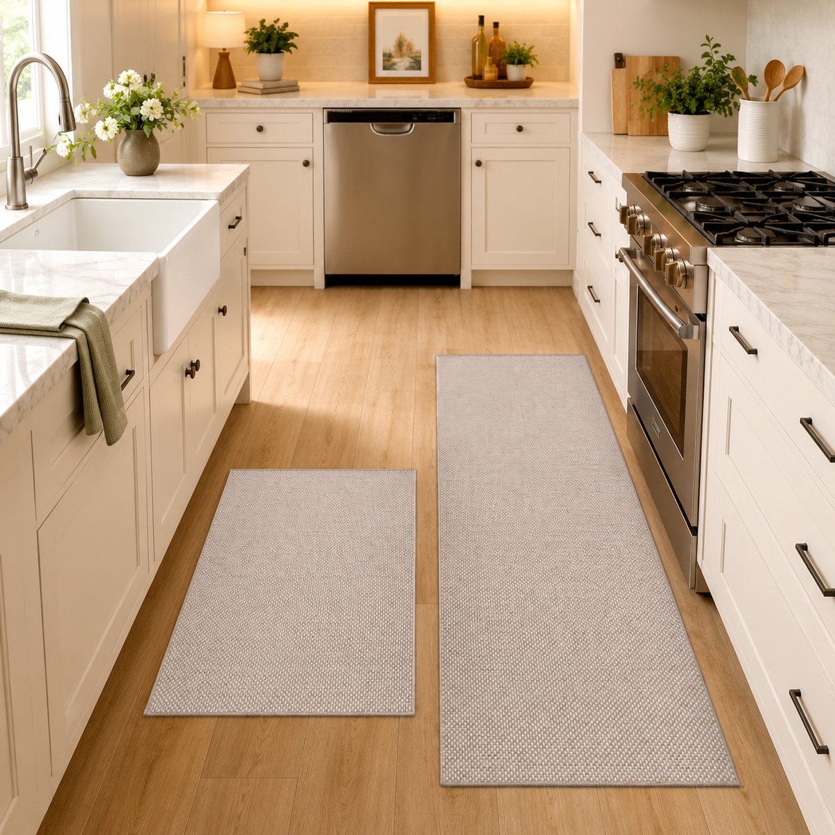 2 stuks keukenmat set antislip wasbaar - lange vloermat 43x75 cm + 43x150 cm - beige