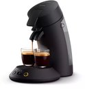 Zwarte Philips Senseo Original Plus koffiepadmachine met twee kopjes waaruit koffie wordt gezet.