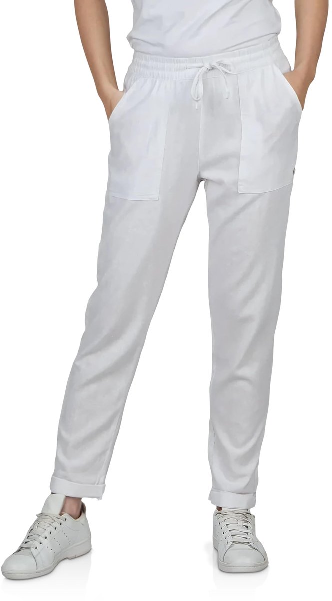 SnelShoppen - Dames Linnen Broek Zomer Lange Vrijetijdsbroek Regular Fit - Lichtgewicht Strandbroek met Elastiek - Effen Wit, Beige en Groen - Maat S,