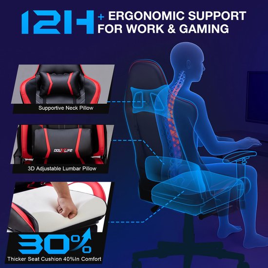Douxlife Gaming Stoel, met 7-punts Massage, Ergonomische bureaustoel met Voetensteun, 90-175° Rugleuning Instelbaar, Verstelbare 2D-Armleuning, PC-gamerstoel, Bureaustoel, 180 kg, Zwart-rood — afbeelding 3
