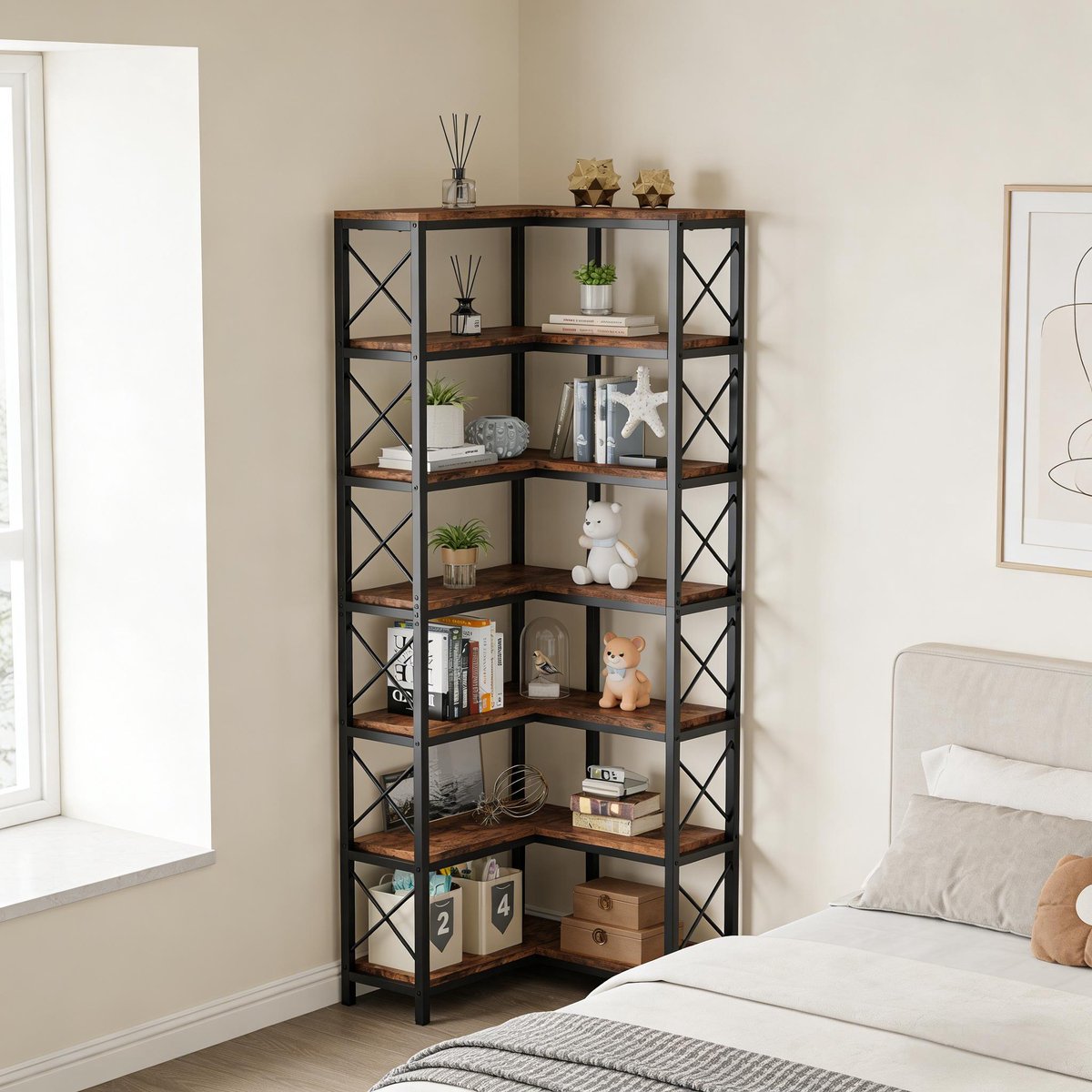MIVRAY Boekenkast – Hoekontwerp Met 14 Open Vakken – 61 x 60,5 x 202 cm – Metaal En Hout – Zwart En Rustiek Bruin – Open Opbergruimte