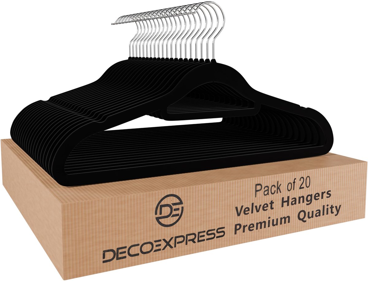 SnelShoppen - Deco Express Fluwelen Hangers, Ruimtebesparende Antislip Kleerhangers voor Kleding Multipack (Zwart, 20 Stuks) - Ideaal voor Organisatie