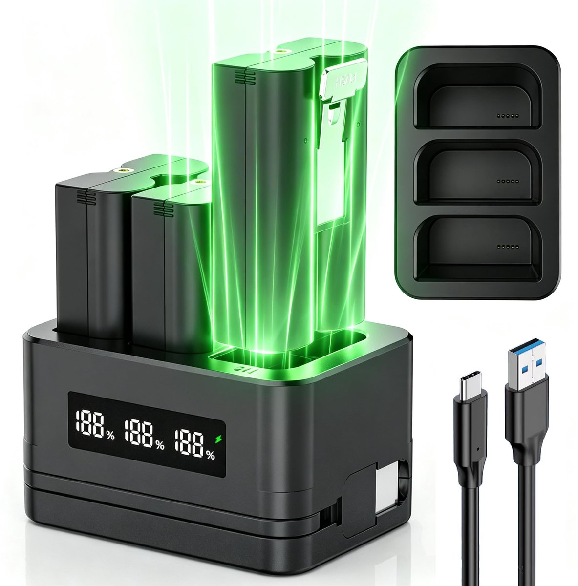 SnelShoppen - 3-pack Vervangende Batterij 6040mAh met Oplaadstation en LED Display voor Ring Deurbel Camera 2/3/4, 3Plus, Spotlight en Stick Up Cam -