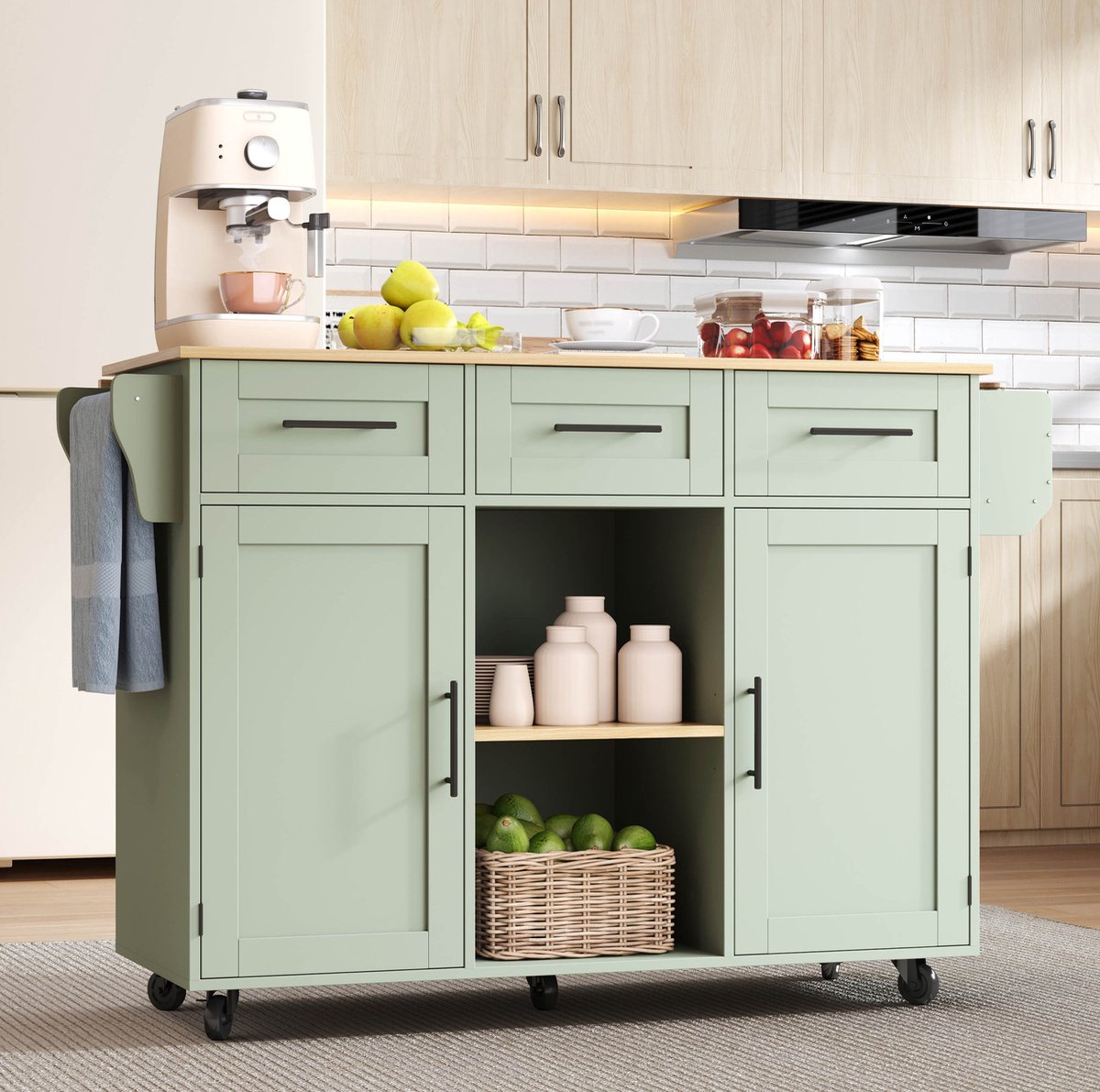HAUSS SPOLE Keukenkast - Keukenwagen Met Klapbaar Werkblad En Opbergruimte - Voor Keuken En Eetkamer - Antiek Groen Houtlook - 139x46x91,5 Cm