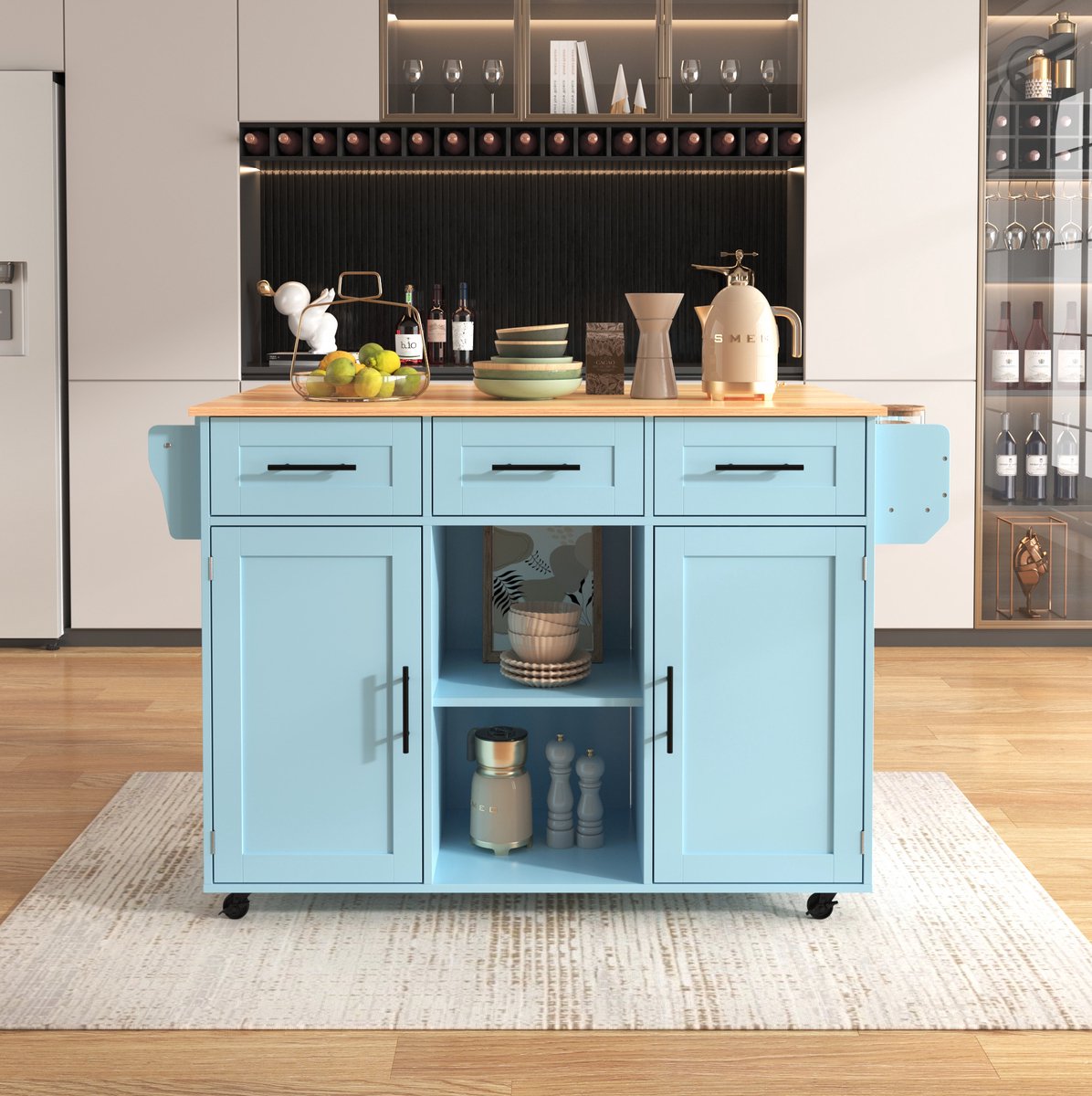 HAUSS SPOLE Keukenkast - Keukenwagen Met Inklapbaar Blad En Wielen - Met Laden En Deuren Voor Keuken En Eetkamer - Blauw - 139x46x91,5 Cm