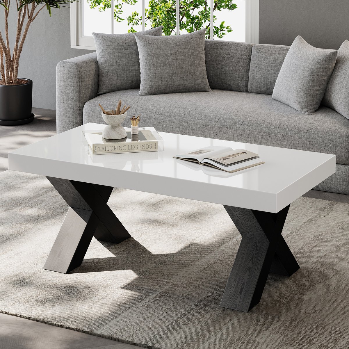 REDOM - Salontafel - Hoogglanzend tafelblad - X-vormige poten - Water- en vlekbestendig - Modern - Woonkamer - MDF - Wit en Zwart - 100 x 50 x 40 cm