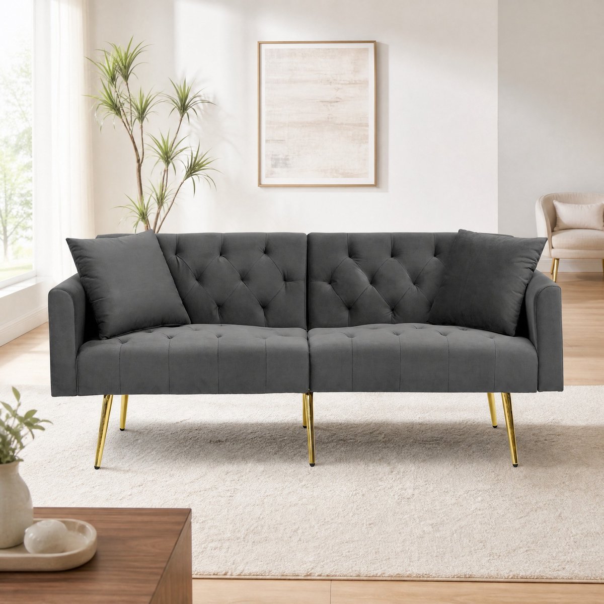 COVREO Slaapbank 177 x 78 x 74 cm - grijs velvet, 3 standen, 2 kussens