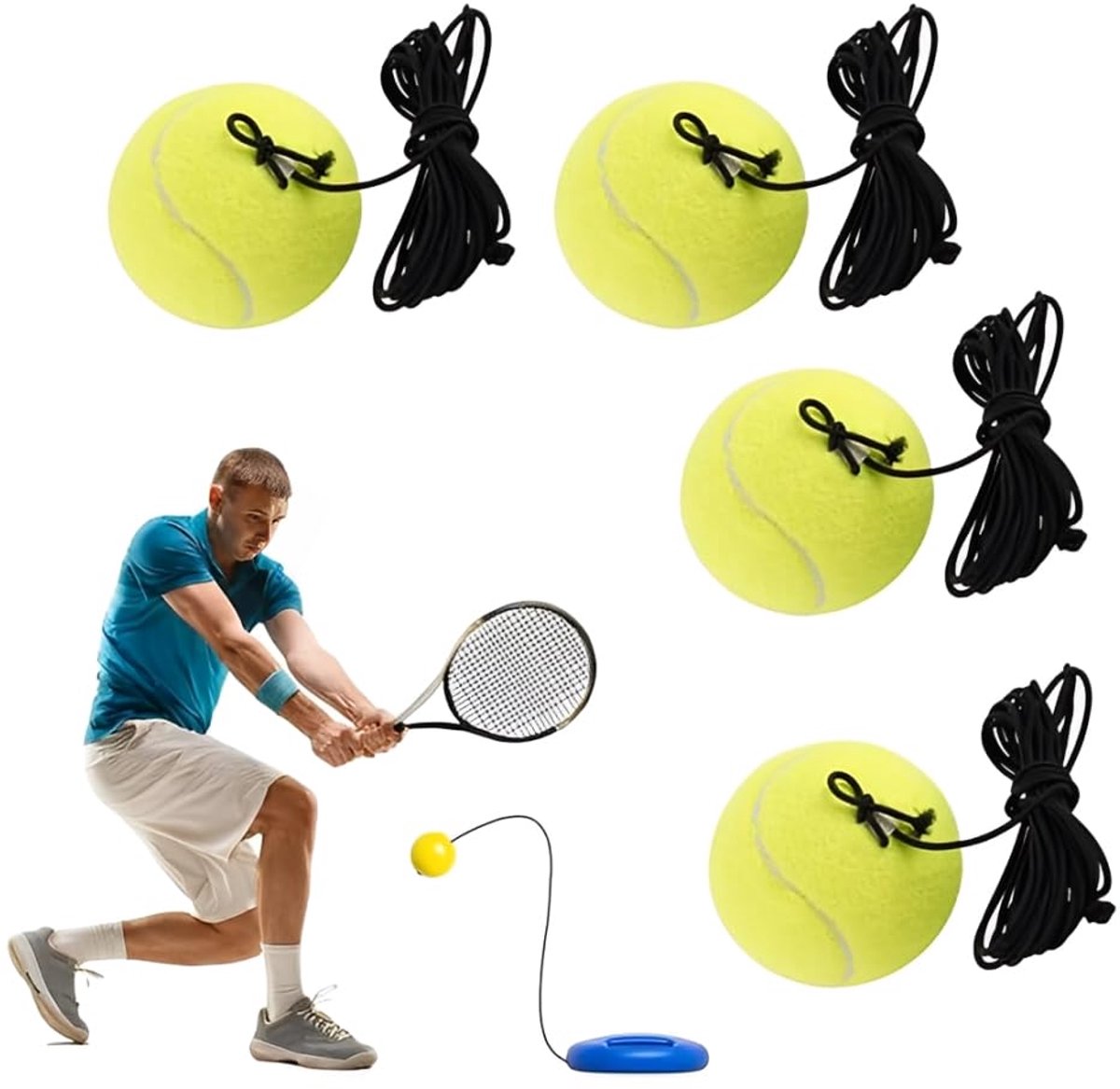 Dailygoods - Tennisbal - Tennistrainer - Duurzaam en elastisch koord - Geel - Reserveballen voor training - Geschikt voor beginners - 4-delige set