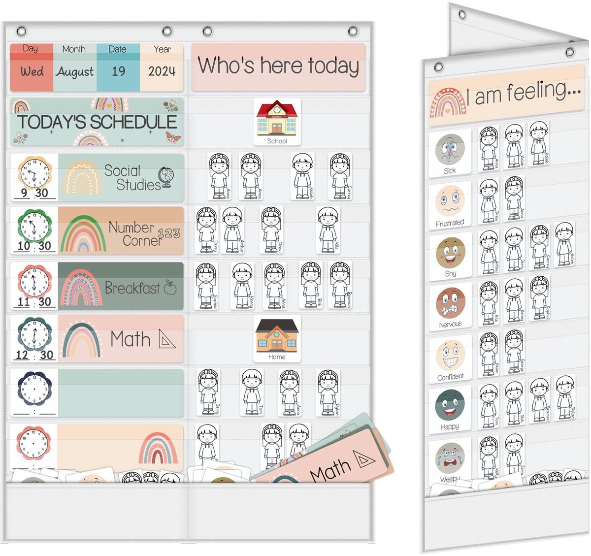 Dailygoods- Dagelijks Schema Pocket Chart - Opvouwbaar - Dubbelzijdig - 18 Vakken - Duurzaam Materiaal - Voor Kinderen en Onderwijs - Lesrooster