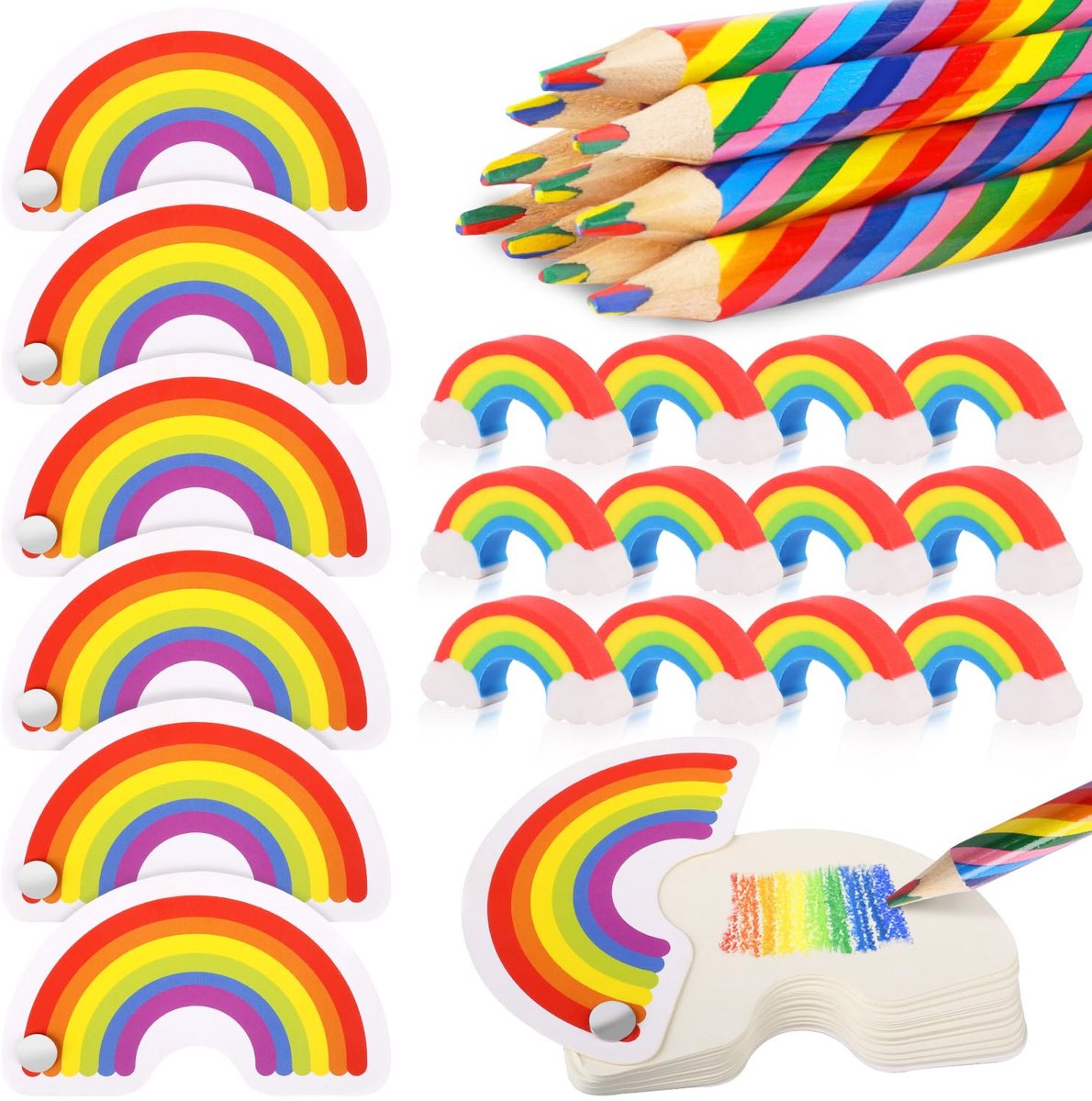 Dailygoods - 30-delige Regenboog Pen Set met Kleurpotloden, Gum en Notitieboekjes voor Kinderen