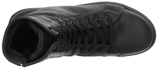 Vue de dessus d'une botte noire en cuir à lacets avec zip, lacets visibles et bout rond.