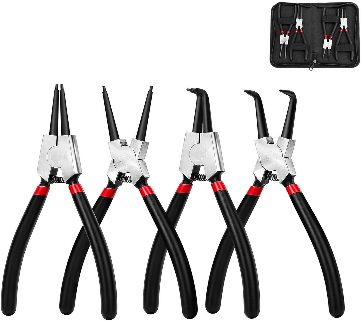 Dailygoods- Borgringtangen Set van 4 - Rechte/Gebogen Ringtangen - 18 cm - Antislip Handgrepen - Veerbelaste Constructie - Draagbare Opbergtas