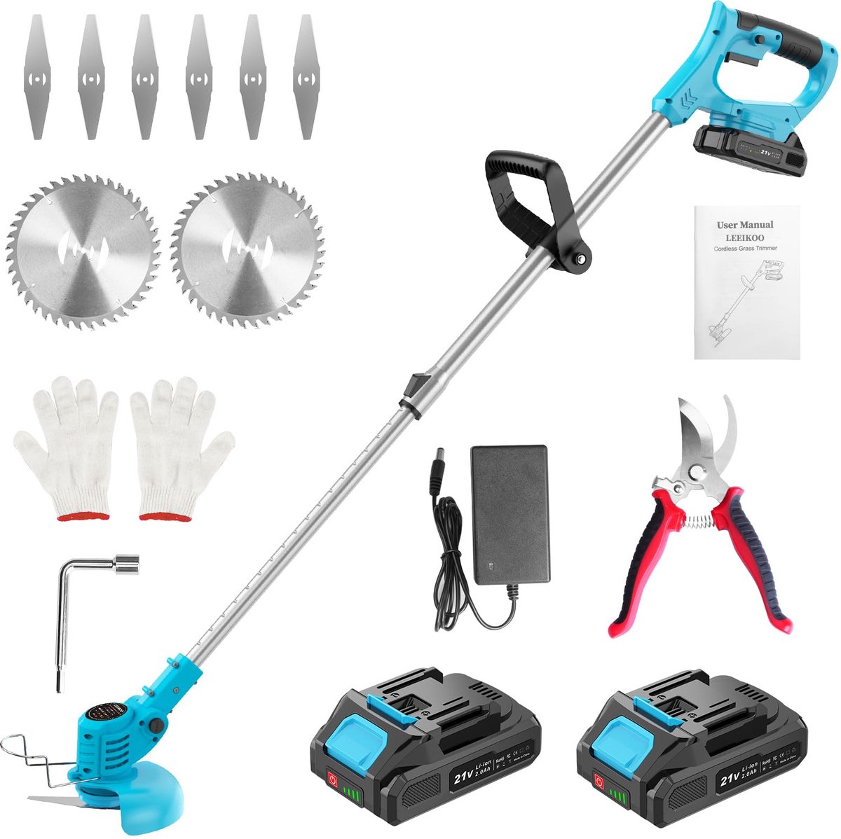 SnelShoppen - Grastrimmer met Accu 21V, Bosmaaier met 2 Accu's van 2,0 Ah, Metalen Messen, Accu-Grastrimmer voor Tuin en Gazons, Verstelbare Handgreep