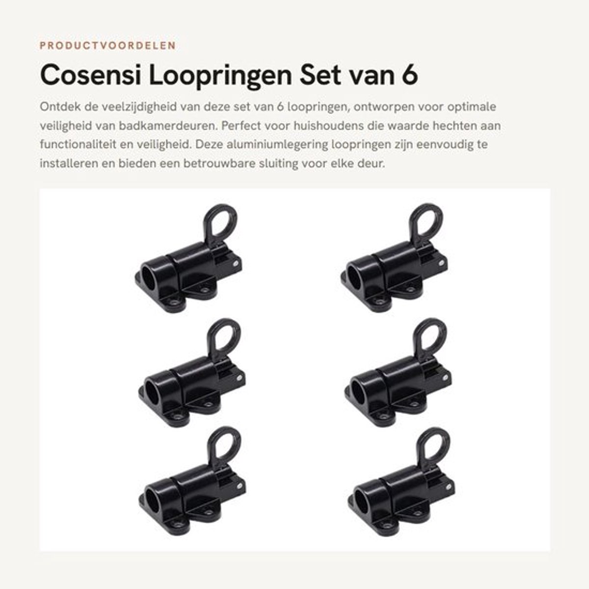 Loopringen Set van 6 - Schuifslot - Automatische Veertrekring - Aluminiumlegering - Bevestigingsclips - Veiligheid Badkamerdeuren - Bevestigingsringen