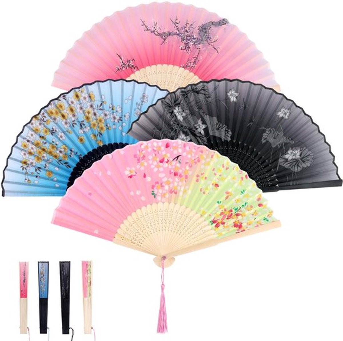 Draagbare vouwfans - 4-delige Set met Kwastjes - Chinees stijl - Perfect voor Feesten - Dansaccessoires - Feestdecoratie - Geschikt voor B...