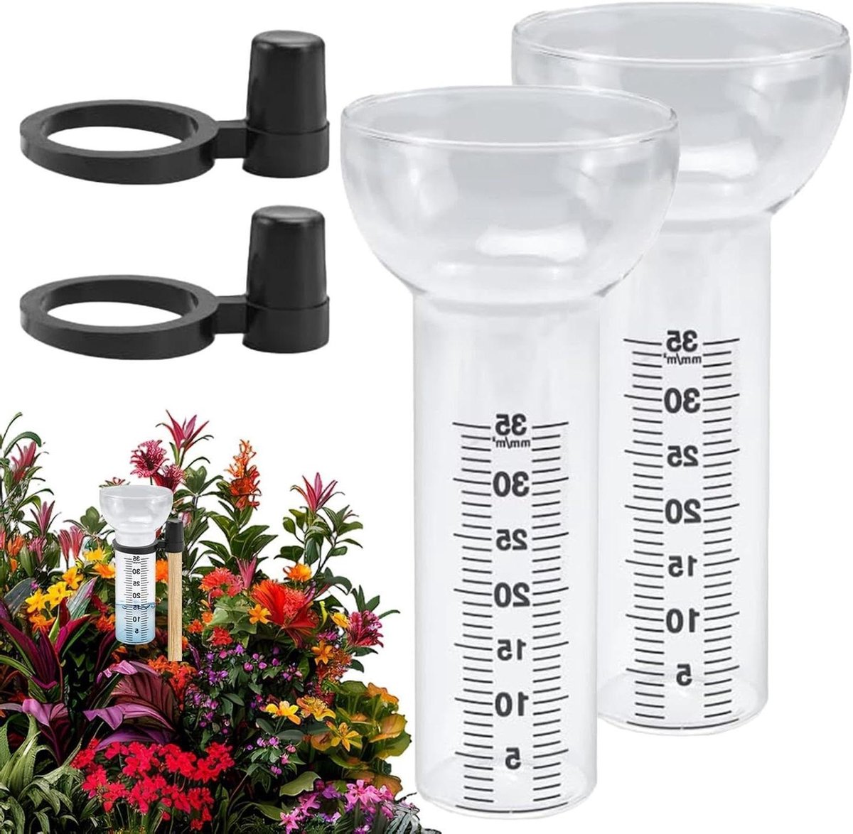 Regenmeter Glas - Watermeter Tuin - Weer Meten - Dubbele Bekers - 19 x 19 x 9 cm - Transparant