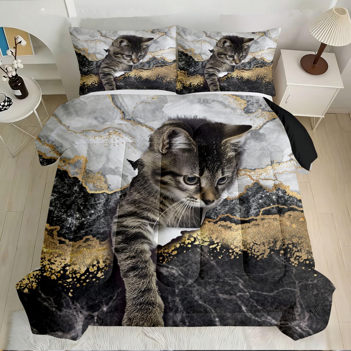 SnelShoppen - VTRXEG Dekbed 140 x 200 cm voor het hele jaar, microvezel kattenmotief met 2 kussenslopen (80 x 80 cm), wasbaar zonder overtrek