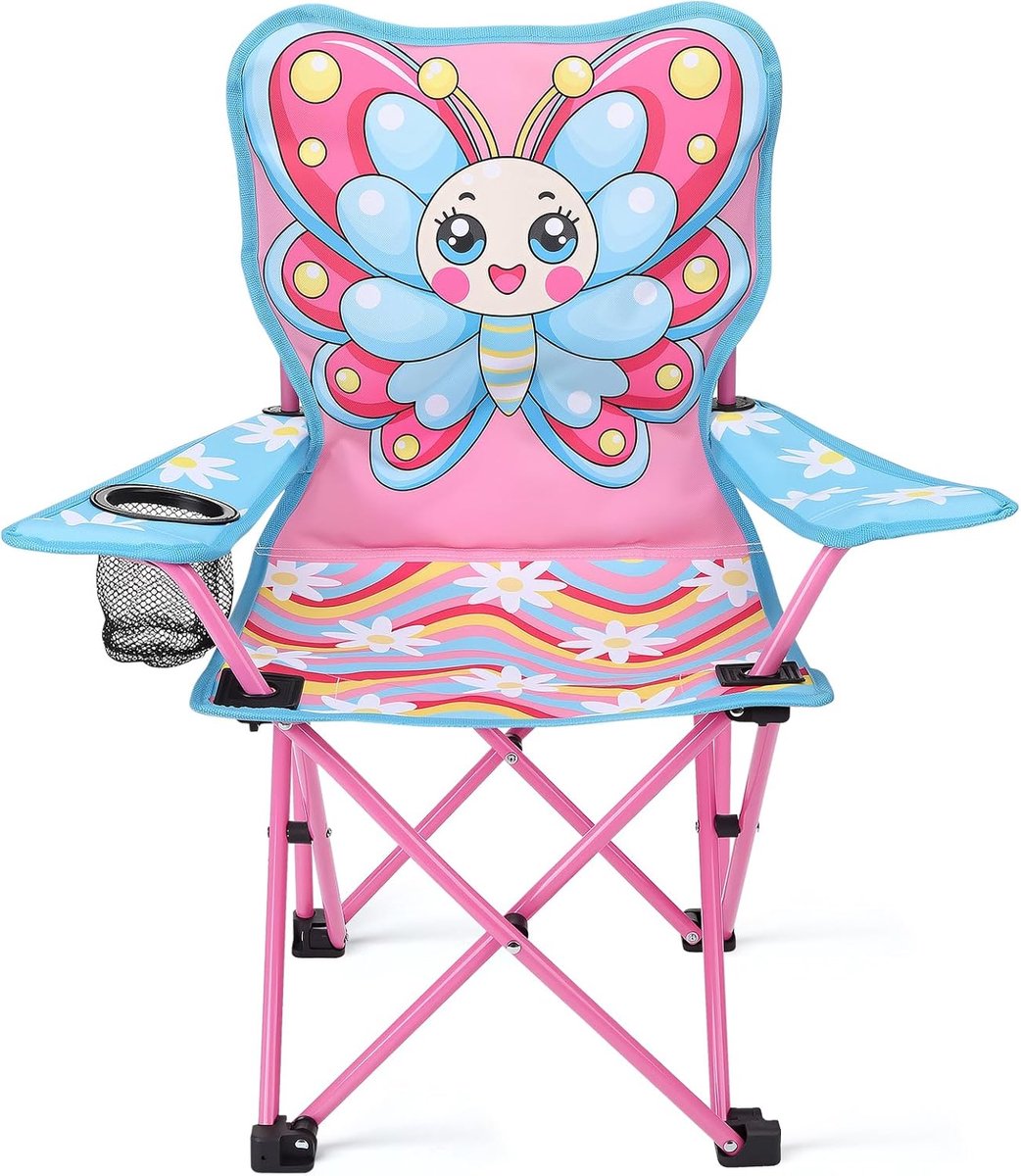 SnelShoppen - Halinuia Klapstoel voor Kinderen - Roze Strandstoel met Vlinder - Ideaal voor Tuin, Camping en Strand - Comfortabele Opvouwbare Stoel vo