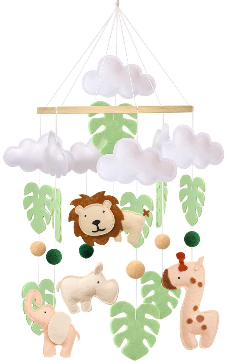 SnelShoppen - Mobiele Baby Windgong 3D-Leeuw, Giraf, Olifant, Neushoorn met Vilten Ballen - Groene Blad Hanger voor Babybed - Decoratie voor Kinderen