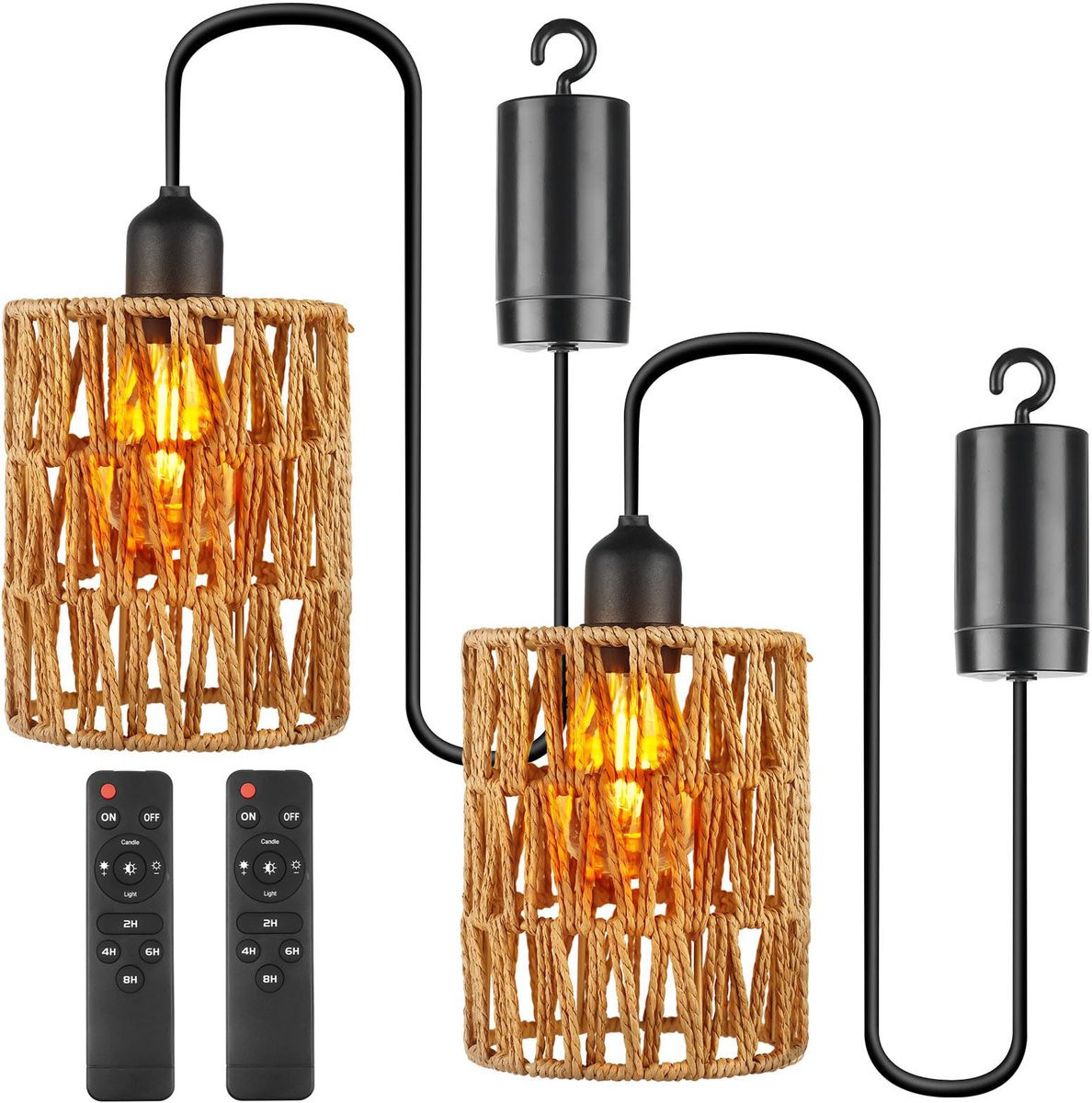 2 stuks Hanglamp op batterijen met afstandsbediening - Rotan lamp voor terras, tuin, paviljoen, woonkamer, slaapkamer