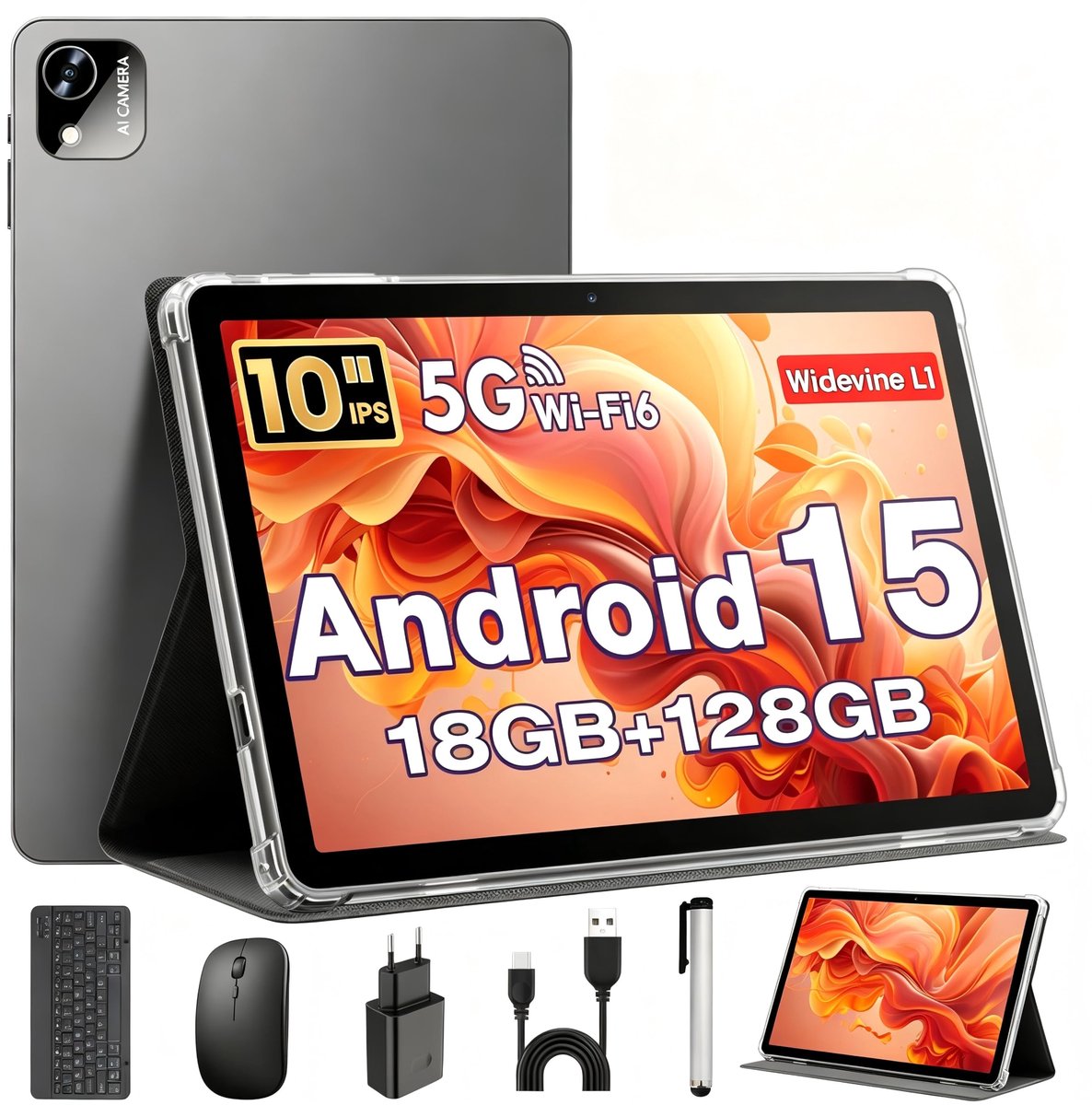 SnelShoppen - Tablet 10 Inch Android 15 met Hoes, Muis & Toetsenbord, Octa-Core, 18 GB RAM, 128 GB ROM, 1 TB TF, 1280x800 HD IPS, Dual Camera, 6000 mA