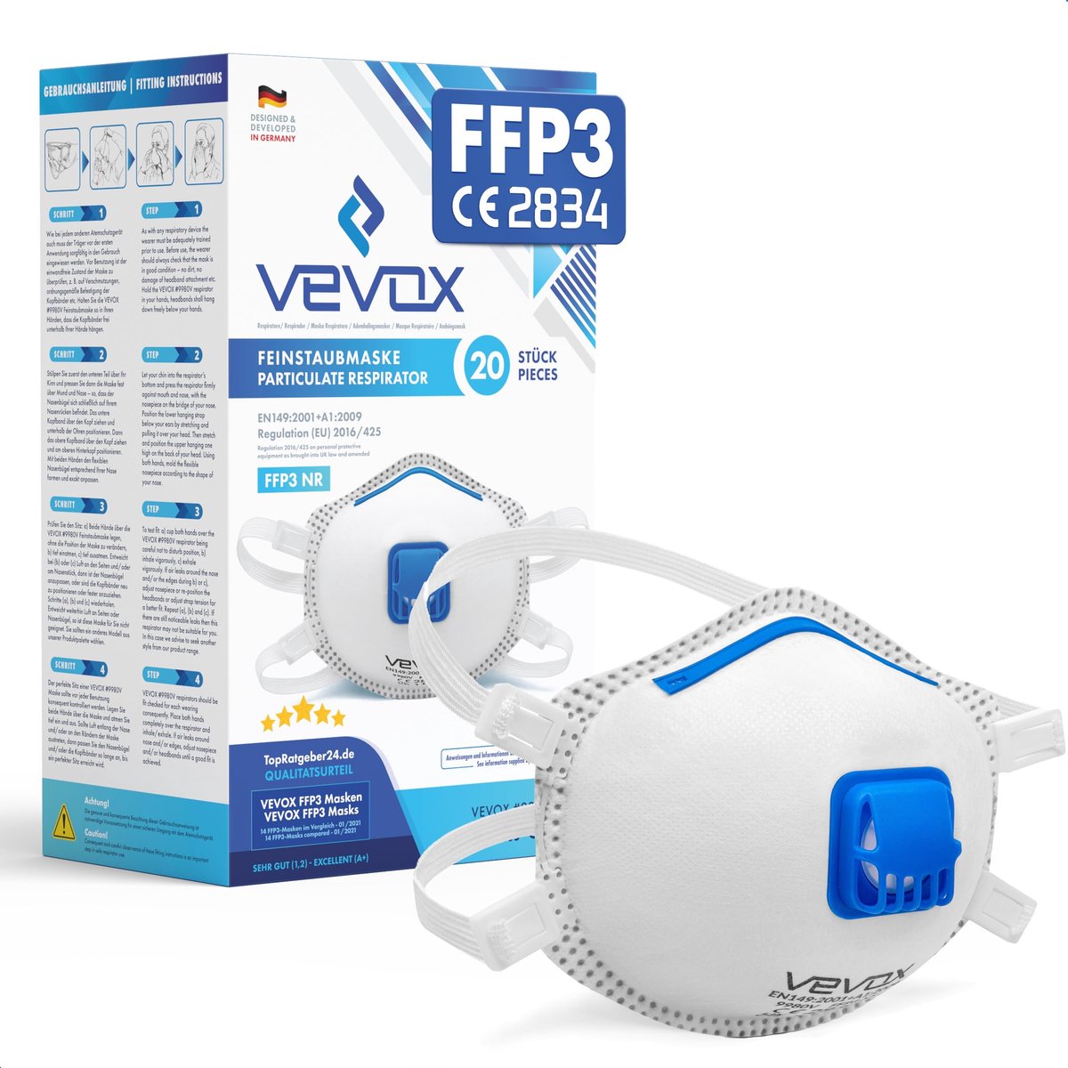 SnelShoppen - FFP3 Stofmasker Set van 20 - Met Comfort Plus Seal - Ademend Masker met Ventiel - FFP3 Mondkapje met Filter voor Bouw, Tuin en Klussen