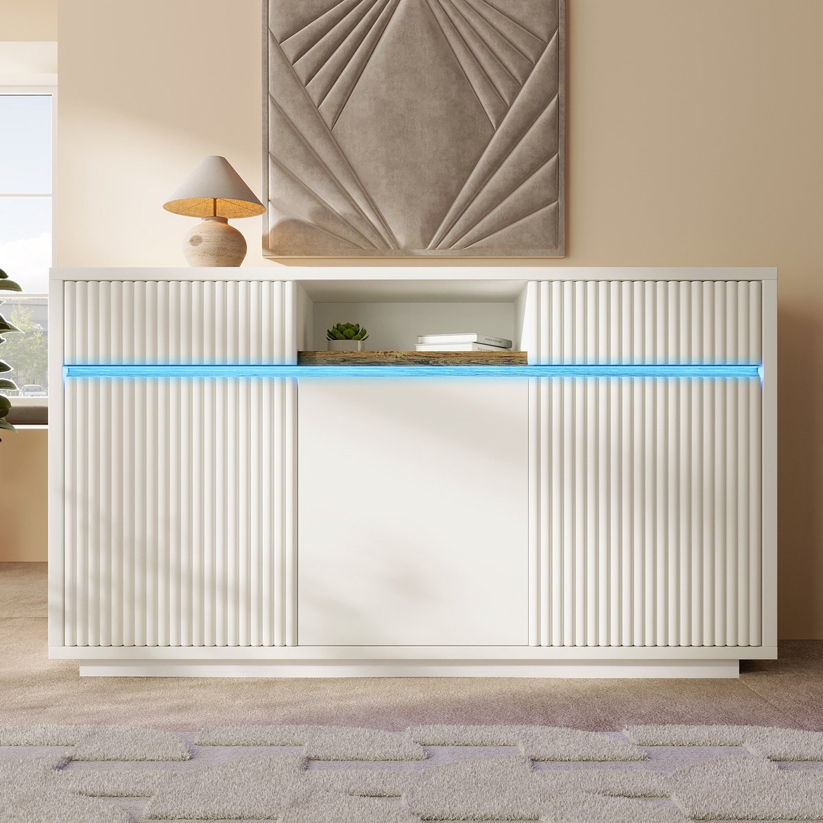 PHOEBE CAT Dressoir - Halmeubel - LED-verlichting - 2 lades - Verstelbare planken - 140 x 40 x 85 cm - Wit