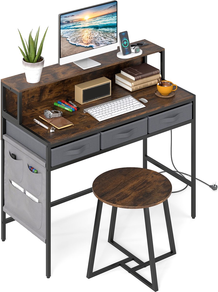 COSTWAY Computertafel met stopcontacten, computerbureau met monitorstandaard, stoffen laden, zijvakken, make-uptafel met kruk voor werkkamer, slaapkamer, woonkamer (bruin)