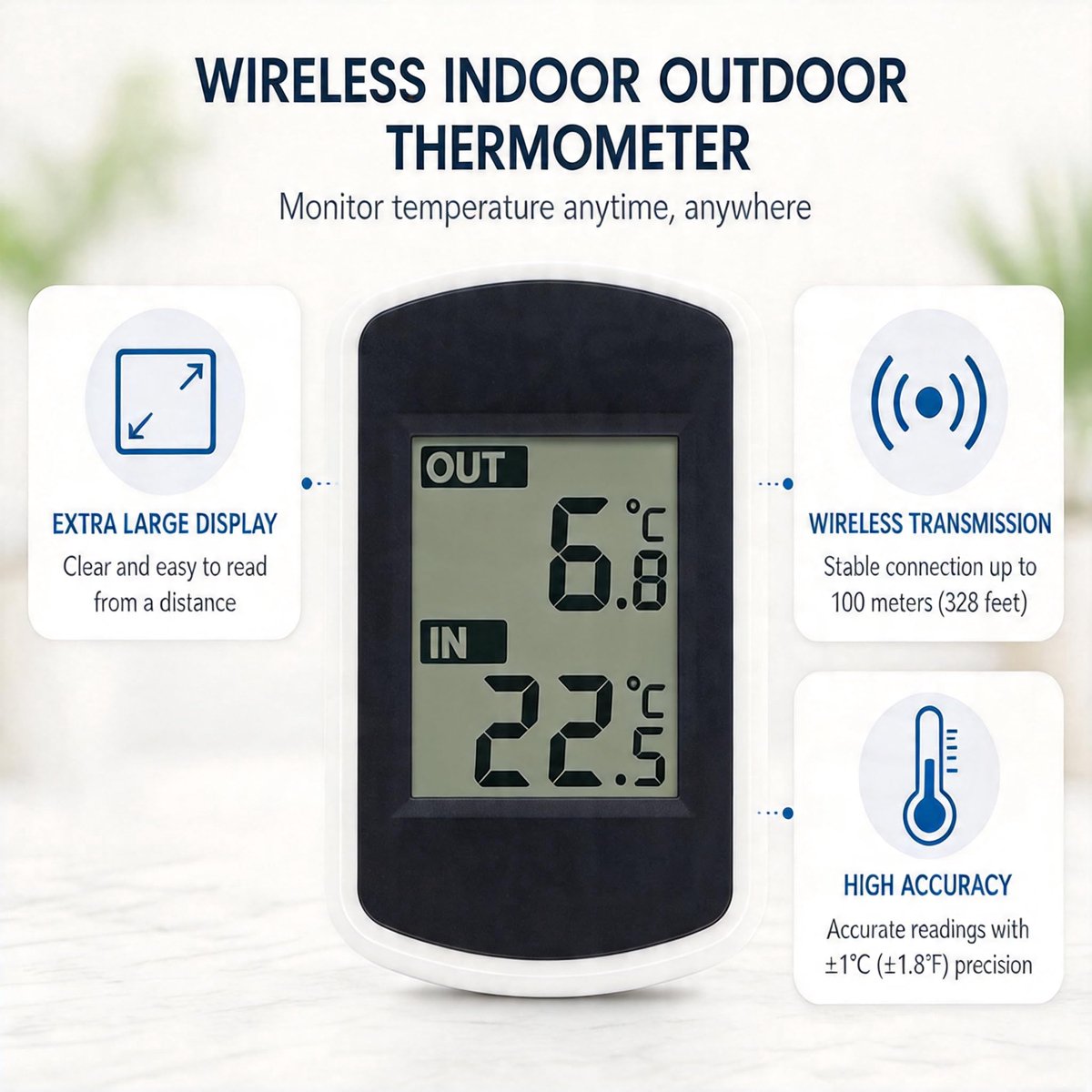 SnelShoppen - Digitale Draadloze Thermometer voor Binnen- en Buiten, LCD Temperatuurmeter, Omgevingstester, Ideaal voor Tuin, Keuken, Camping, en Kind