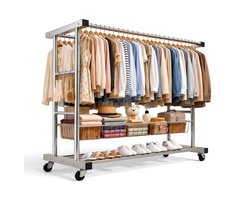 Roestvrijstalen Kledingrek Dubbel Laags 120x50x150 cm met Zwenkwielen en Opbergmand.