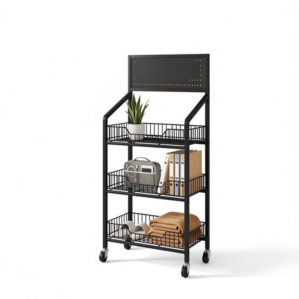 Kantooropbergkar met Zwenkwielen - Zwart - Combinaiteopslag Grote Capaciteit - Perforatiebord en Planken - Compact-3 LAAG