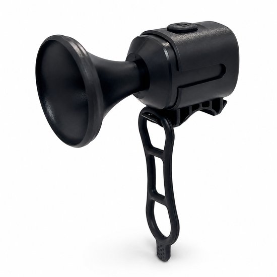 Zwarte fietsbel met een uitlopende speaker en een rubberen bevestigingsband.