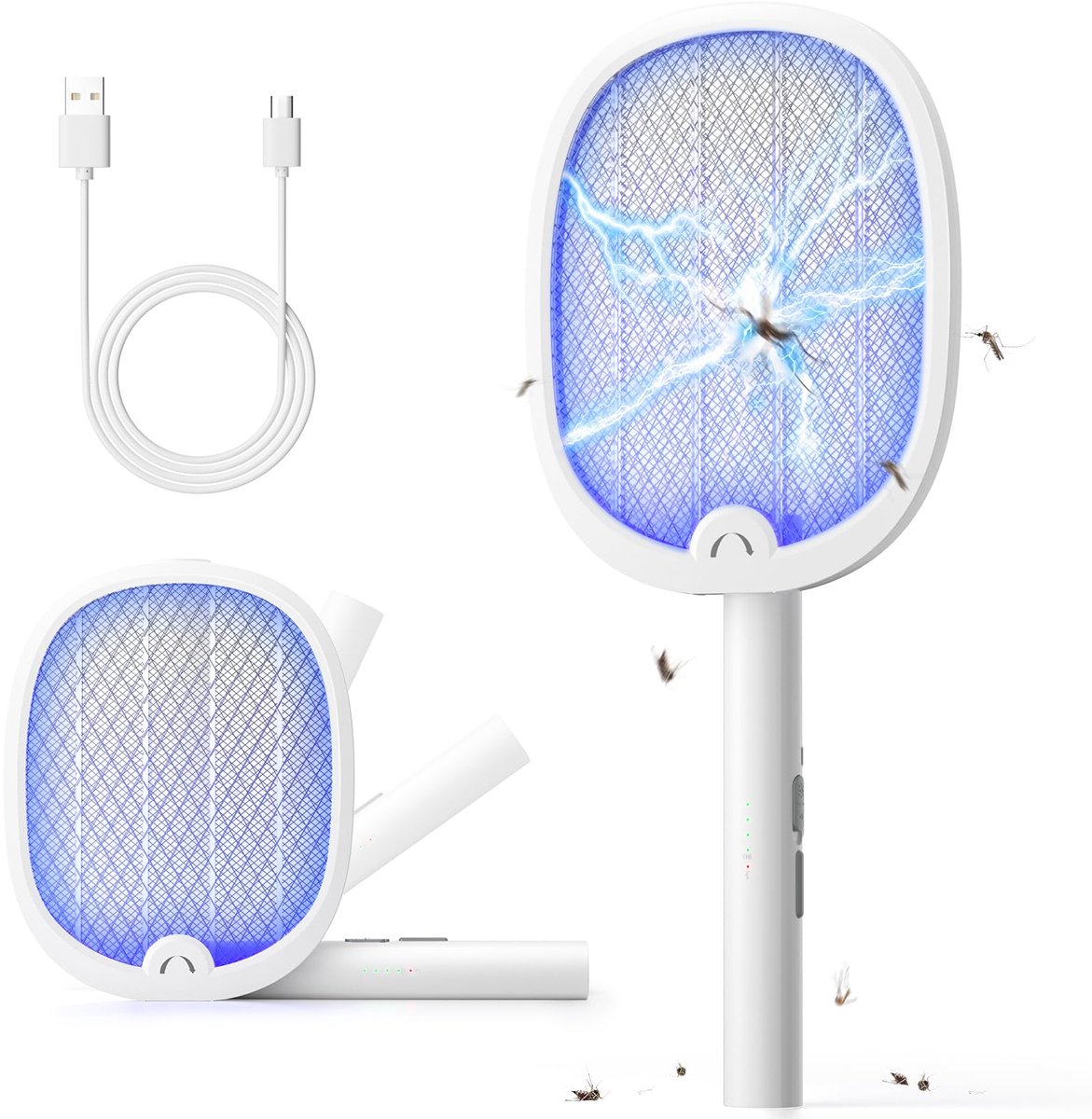 SnelShoppen - Elektrisch Insectenracket 4000V - Oplaadbaar en Opvouwbaar - Muggen, Vliegen, Motten - USB-C Inclusief - Krachtig Wit - Ideaal voor Tuin