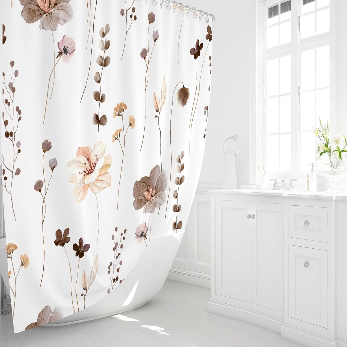 Watercolour Bloemen Douchegordijn - Bruin Beige - Waterdicht - Modern Minimalistisch - 183x183 cm - Set voor Badkamer