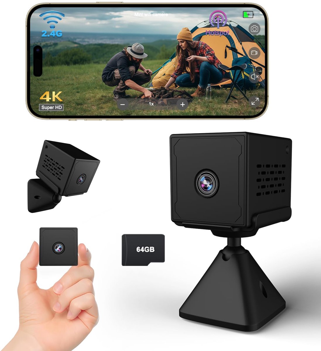 SnelShoppen - Mini Spy Camera HD 4K Draadloze Beveiligingscamera met WiFi/Zonder WiFi, Nachtzicht, Bewegingsdetectie, 64GB TF Kaart, 2000mAh Batterij