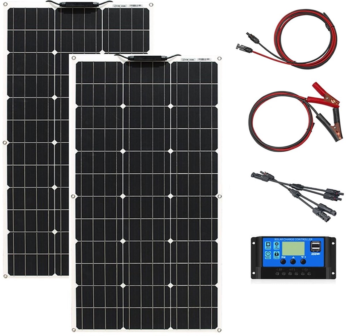 SnelShoppen - 200W 12V Flexibel Zonnepaneel Kit - 2x 100W Monokristallijn Zonnepaneel Systeem met 20A Solar Laadregelaar voor RV, Boot, Auto, Caravan,