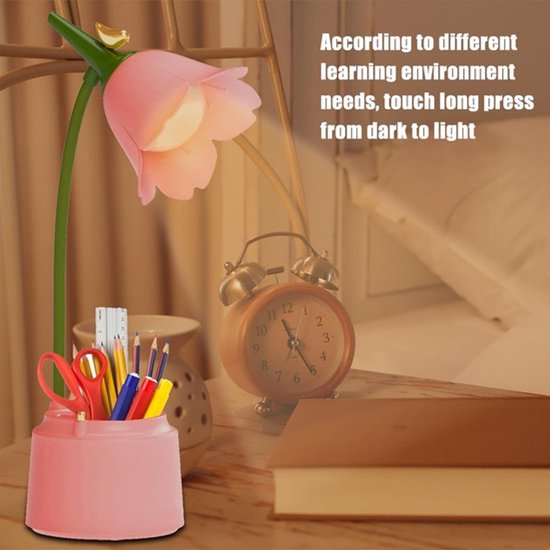 Roze LED Bureaulamp - Dimbaar - Met Gegroenteerd Pennenpot - 3 Verschillende Lichtkleuren - Touchsensor Bediening - Flexibele Buigbare Arm - Oogbezorgend - Voor Meisjes En Jongens — afbeelding 5
