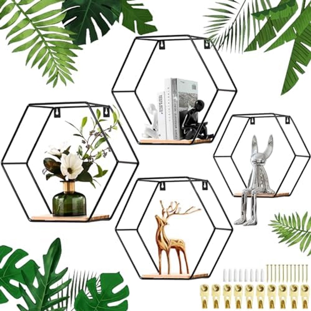 Set van 4 Wandplanken – Zeshoekige Wandrekken van Metaal met Houten Bodem – Zwart – Voor Wanddecoratie en Opbergen in Woonkamer