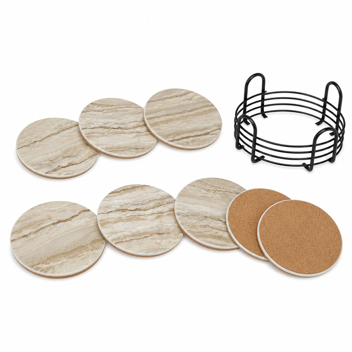 JustValue Onderzetters met Houder - Set van 8 - Keramiek en Kurk - Beige
