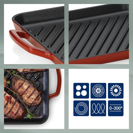 Gietijzeren Grillplaat - Bakplaat Inductie - Koken in Keuken - Hoge Warmteopslag - 35 x 25 cm - Rood — afbeelding 4