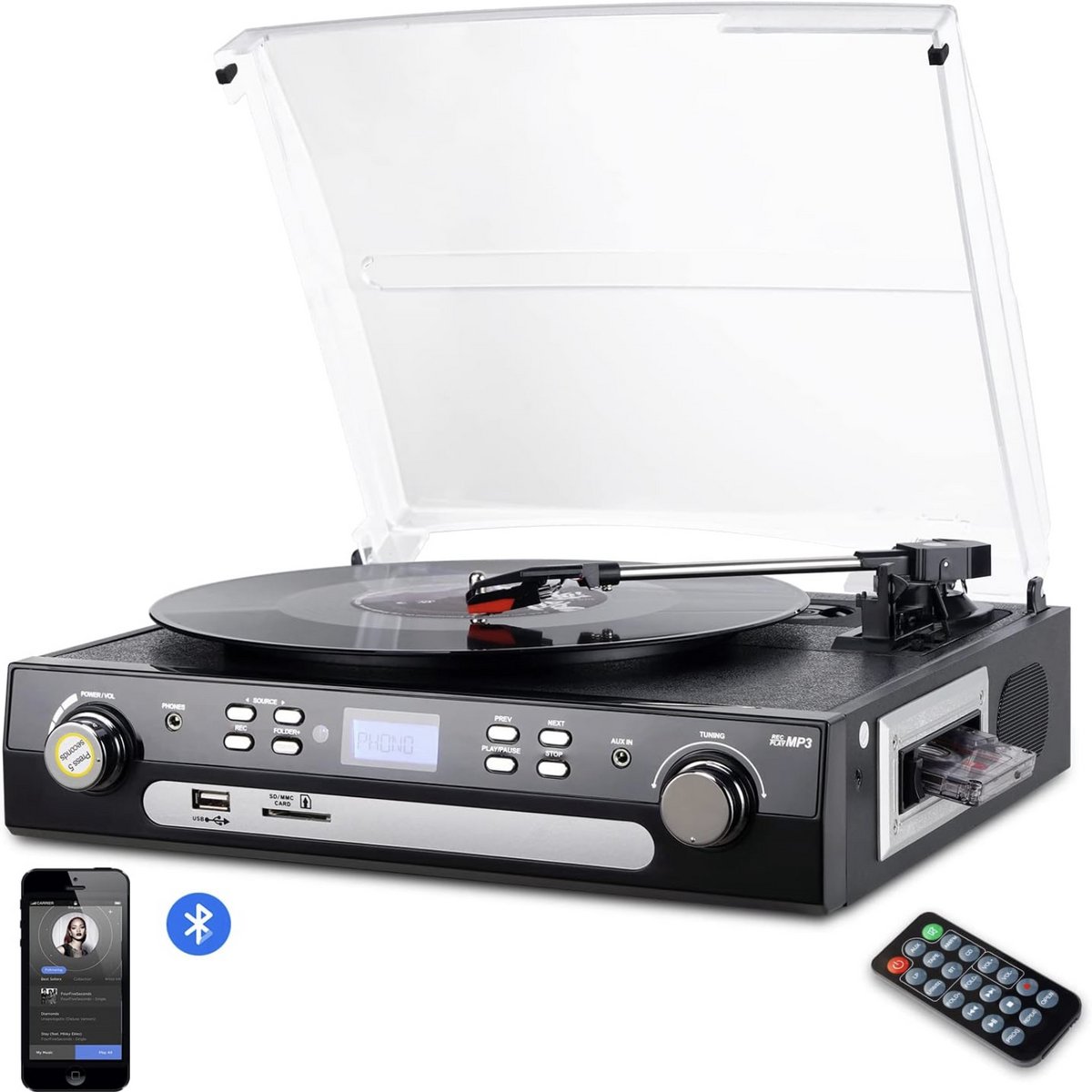 DIGITNOW - All-in-One Platenspeler met Bluetooth, Radio, Cassette, USB & SD – Vinyl naar MP3 – 33/45/78 RPM