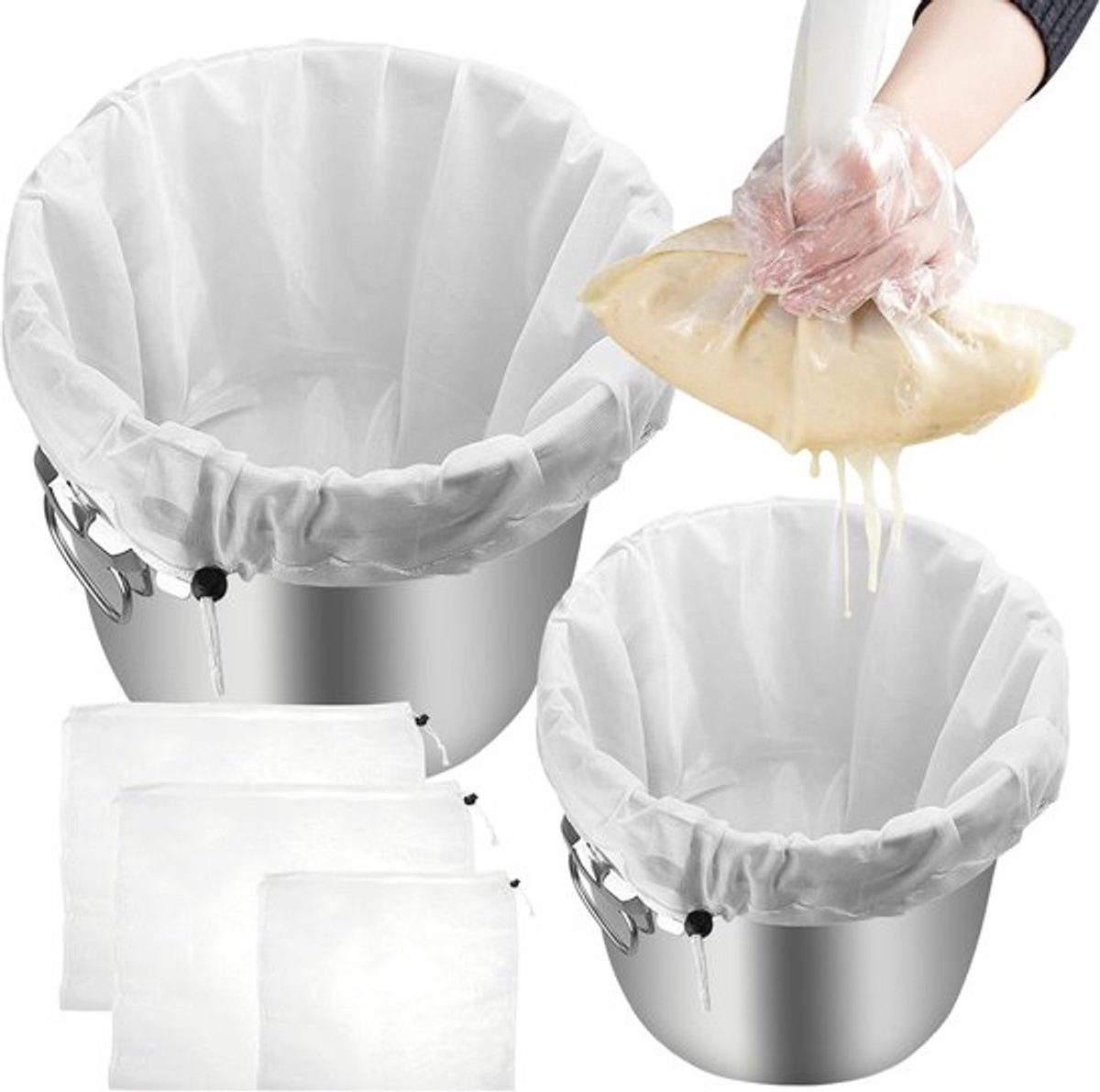 3 Stukken Filtertassen - Brouwzakken - 2 Groottes - Bierfilterdouchezak 66 x 56 cm - 46 x 40 cm - Pasdoek met Trekkoord - Wijnfilterzak - Perszak - Herbruikbare Douchezak voor Bier - Fruitensap - Notenmelk