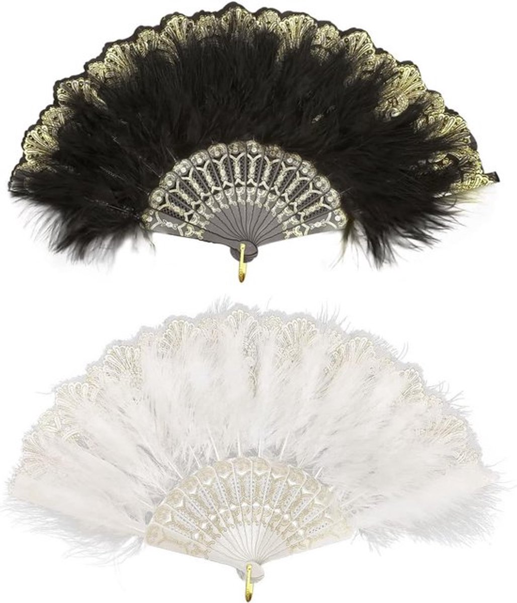 2 Stuks Opvouwbare Handmatige Veren Waaier Geborduurde Bloem Maraboe Veren Waaier voor Kostuum Halloween Dans Bruiloft Feest Bal - Vintage Stijl