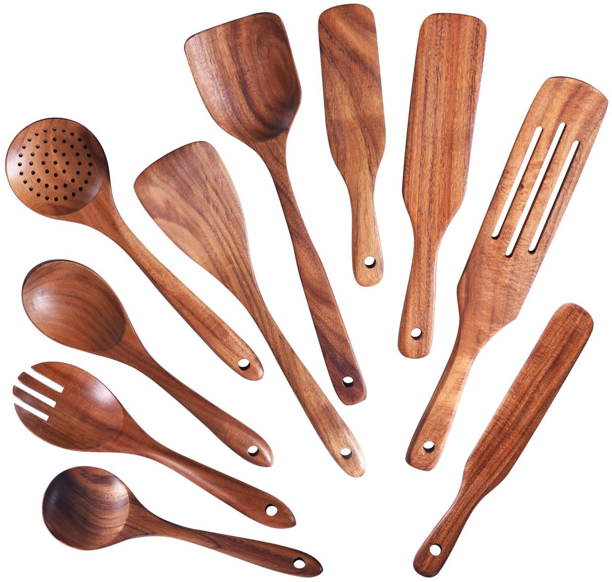 Houten lepelset voor koken, 10-delig keukengerei set van natuurlijk teak hout