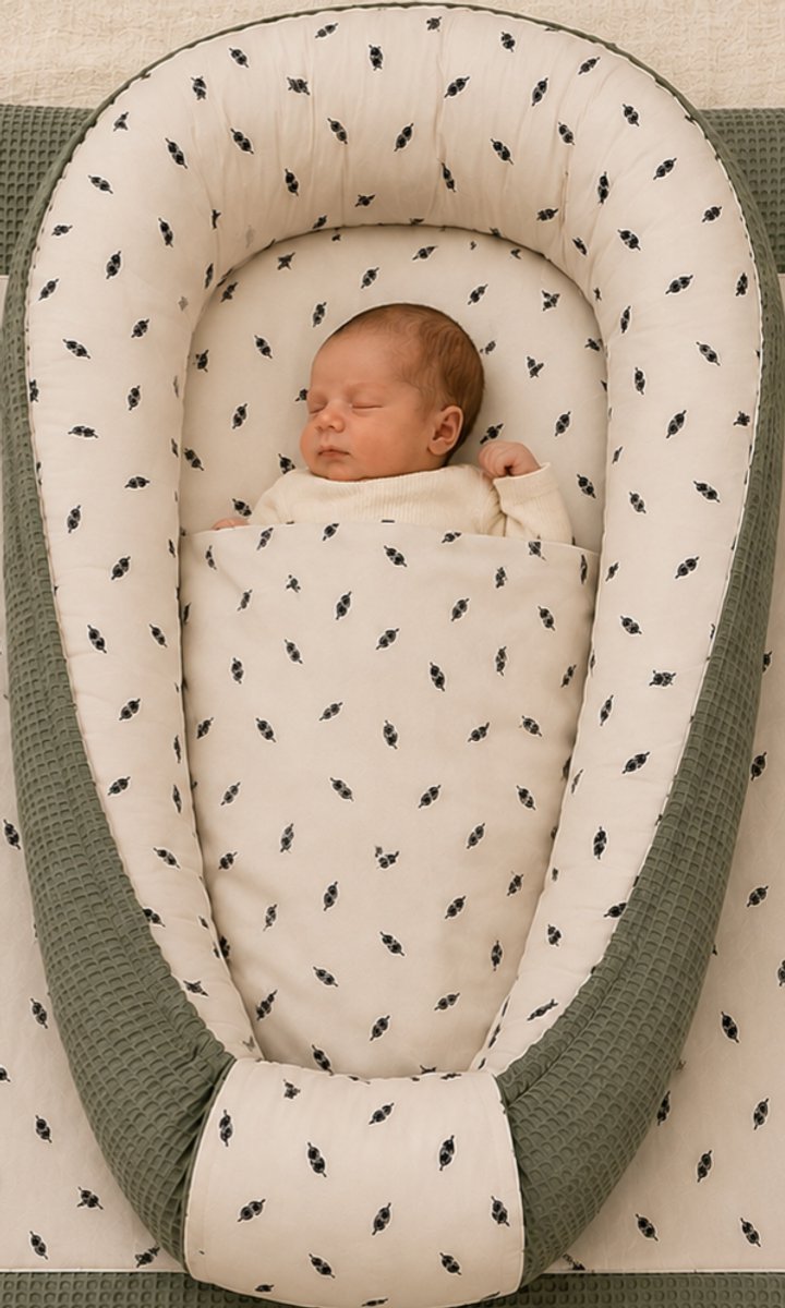 Babynestje oud groen met veertjes