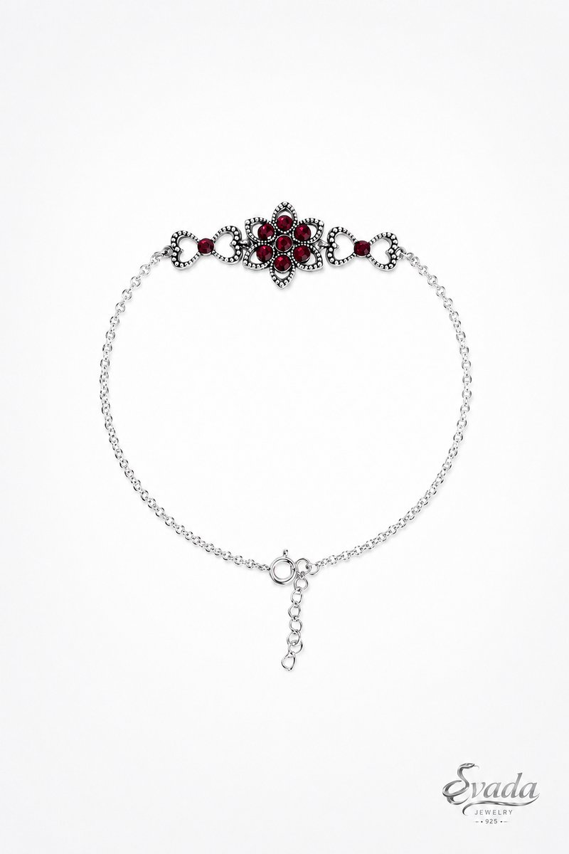 925 Sterling Zilver Armband met Rode Stenen – Bloem & Hart Design – Red Stone Bracelet – Bracelet Argent Pierre Rouge – EVADA Jewelry