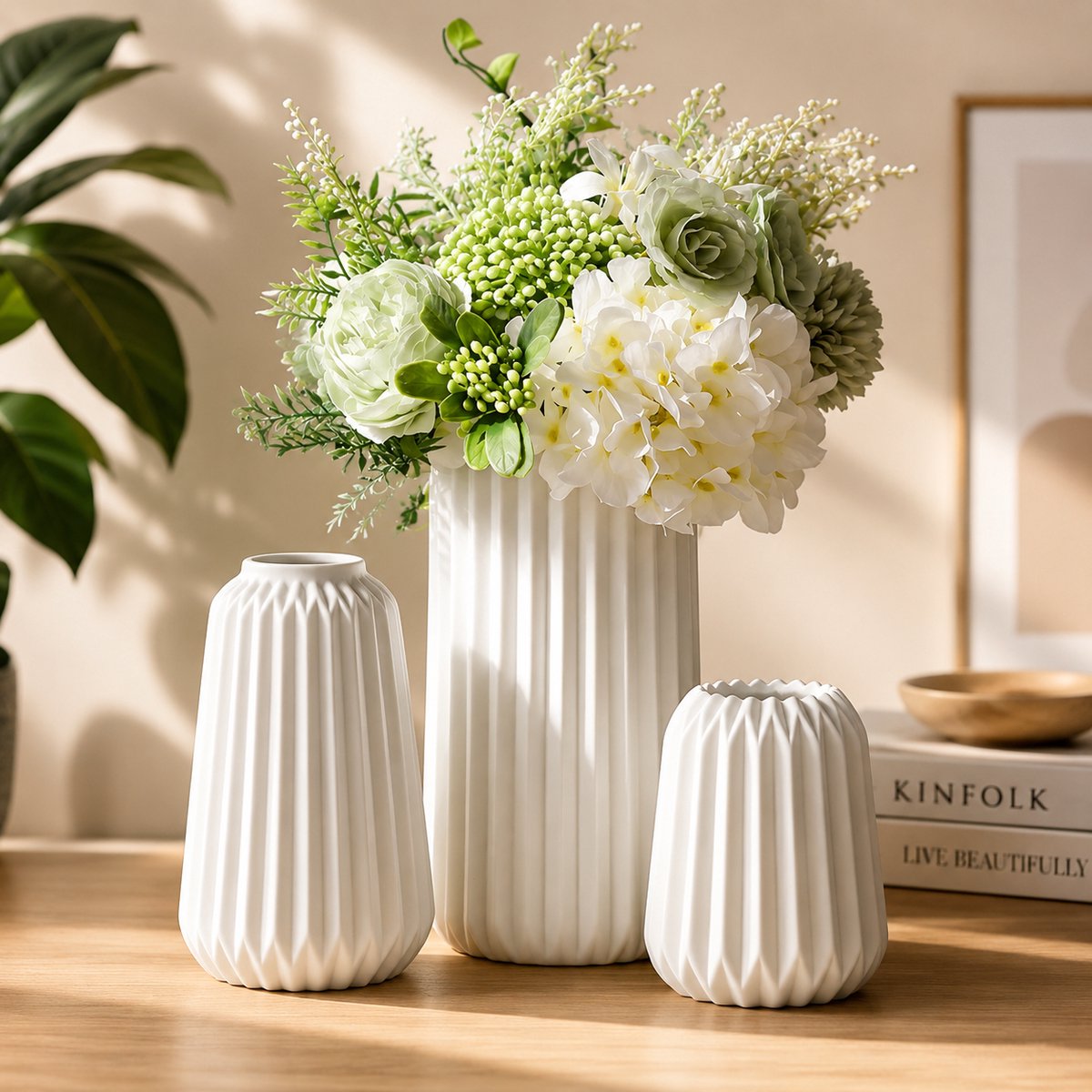 Set van 3 witte keramische vazen - Boho modern - Nordic minimalisme - voor woonkamer, kantoor, entree, tafeldecoratie