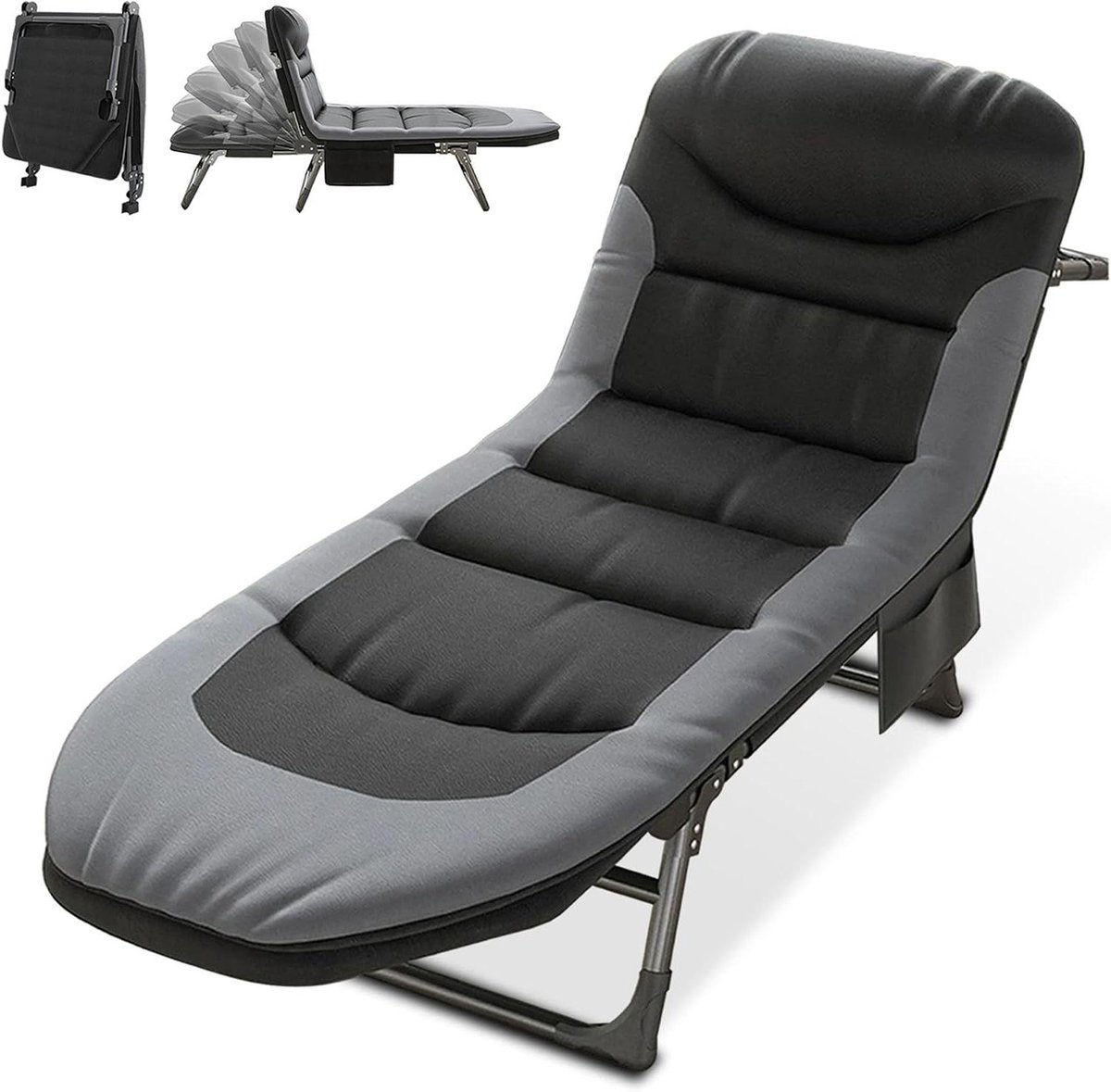 Campingbed Inklapbaar - Veldbed Logeerbed - Buiten Ontspannen - 6-voudig Verstelbaar - 190 x 65 x 30 cm - Zwart