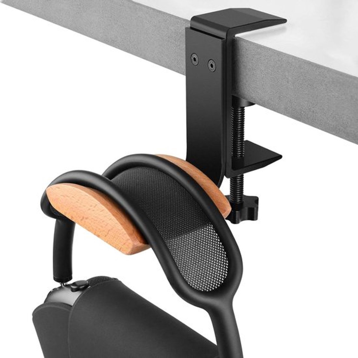 Hoofdtelefoonstand - Houten headsethouder - Onder bureautafelhouder - Beugel - Klemhaak - Geschikt voor AirPods Max - Beukenhout.