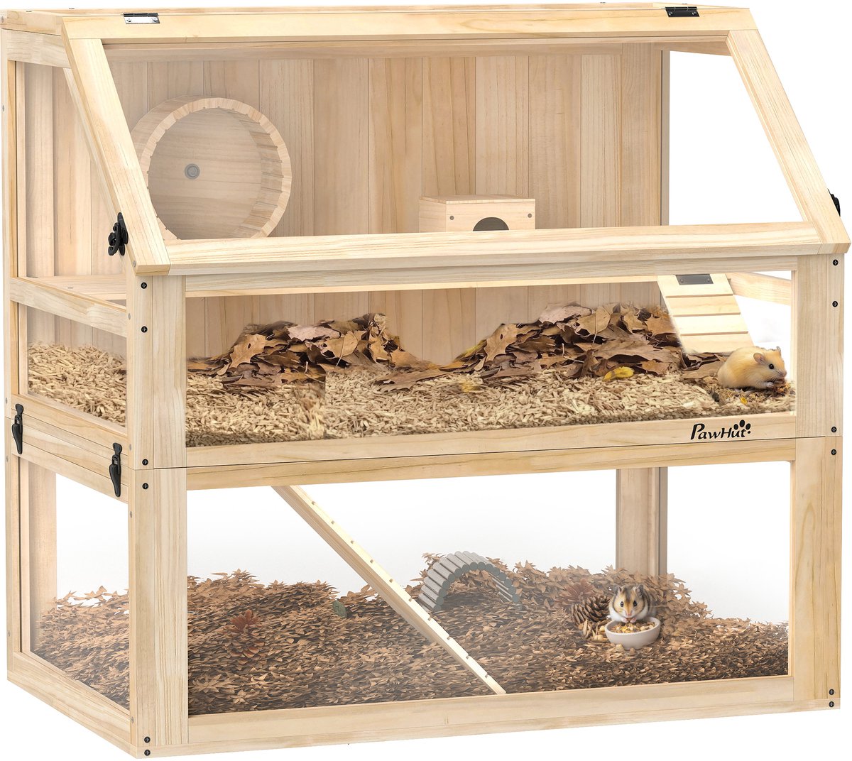 Houten hamsterkooi met drie verdiepingen - Kooien voor knaagdieren - Kooien voor kleine dieren met opklapbaar deksel - Voorzien van loopwiel en accessoires -- Afmetingen 80 x 50 x 76 cm - Natuurlijk hout